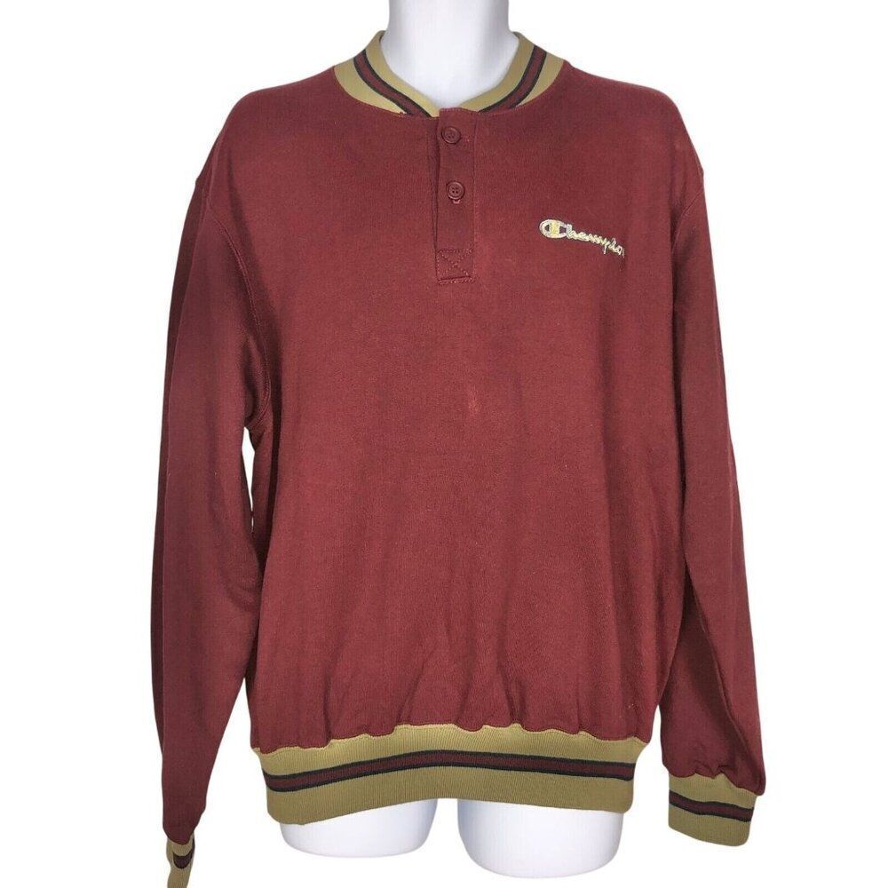 Vintage 80s Champion Mens Sweatshirt L Maroon Red Henly Pullover New Made In USA